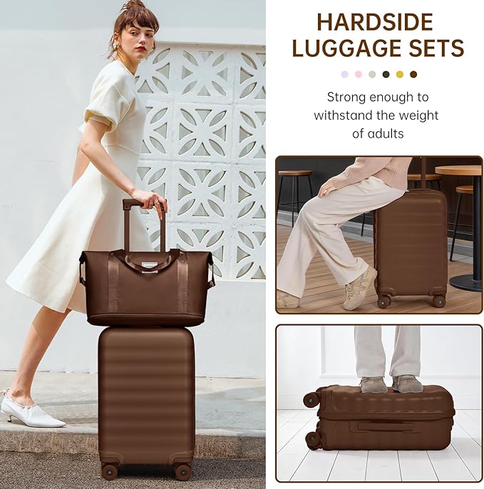 Luggage Sets 3 Piece, Carry On Luggage 22x14x9 Airline Approve PC Hardside Suitcase Set with Wheels TSA Lock, Durable Carry-On Suitcase with Duffel Bag for Women (Mocha)