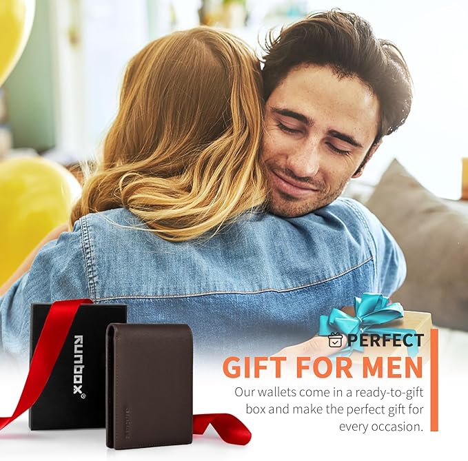 RUNBOX Leather Wallet for Men, Genuine Leather Mens Wallet Bifold Rfid Blocking with 12 Cards and 2 ID Windows, Minimalist Wallet for Men with Gift Box