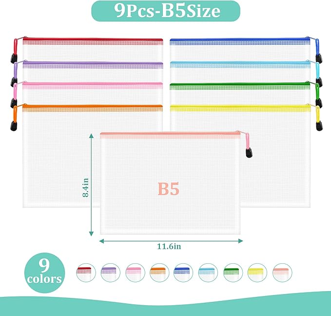 9pcs Mesh Zipper Pouch Bags, B5 Zipper Pouch, Mesh Bags with Zipper, Plastic Zipper Pouches, 9 Colors Zipper Pouches for Organizing, Board Game Storage, Travel, School Office Organize
