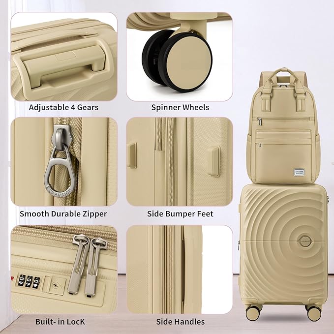 LARVENDER Carry On Luggage Set 22x14x9 Airline Approved, Expandable 20 Inch Carry-On Suitcases With Wheels, Lightweight Luggage Sets 3 Pieces With Backpack, Champagne