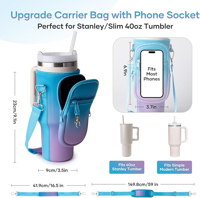 linmaya Water Bottle Carrier Bag for Stanley Cup 40/30oz with Phone Holder Pockets,Neoprene Water Bottle Cross-body Bag with Adjustable Shoulder & Hand Strap Stanley Cup Accessories