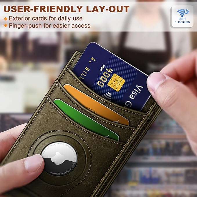 BULLIANT Men Airtag Wallet,Slim Wallet Money Clip Card Holder Magnetic Closure 12 Cards in Front Pocket RFID Blocking