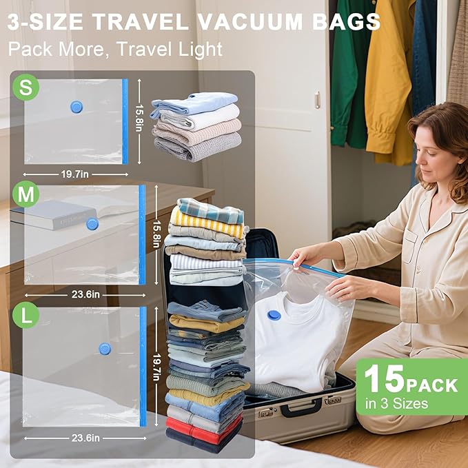 15 Pack Vacuum Seal Bags for Clothing Travel with -60000Pa USB Pump, Save 80% of Space for Clothes (15 Combo)