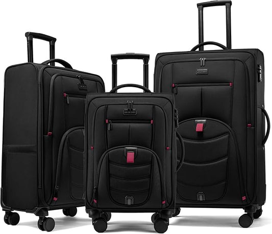 LOVEVOOK 3-Piece Set(22/24/28) Softside Luggage Suitcase with 15.6 Inch Laptop Compartment, Suitcase with Spinner Wheels, Large Capacity Luggage with TSA Lock for Business &Family Trip Travel, Black