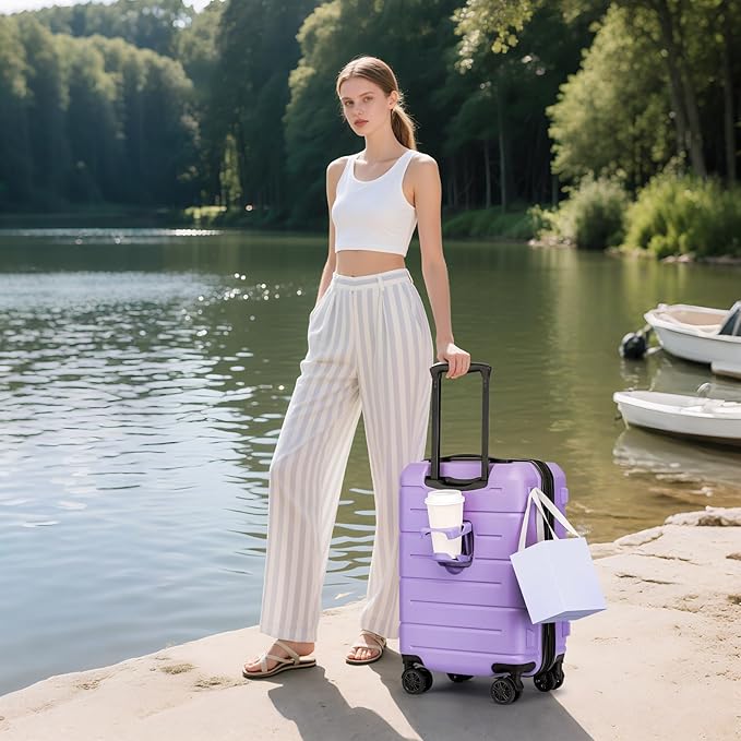 KYME Carry On Luggage 22x14x9 Airline Approved with TSA Lock Hardshell Expandable 20 Inch Suitcase Carry On Suitcase with Wheels Small Travel Rolling Luggage with Cup Holder for Women Lt Purple