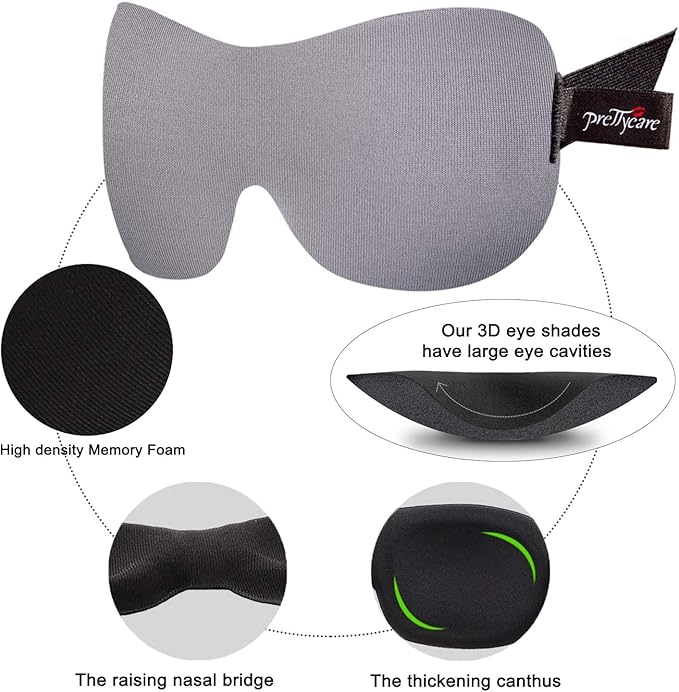 PrettyCare 3D Sleep Mask 2 Pack,Eye Mask for Side Sleeper -3D Contoured Sleeping Mask Blackout Out for Men Women - Zero Eye Pressure Blindfold with Ear Plugs, Night Masks with Travel Bag (Black＆Grey)