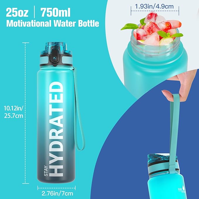 Sahara Sailor Water Bottle, 32/25/17oz Durable and Leakproof Water Bottles Motivational with Time Marker, Tritan, BPA Free, Wide Mouth with Easy Clean Brush for Gym, Travel, School, Office (1 Bottle)