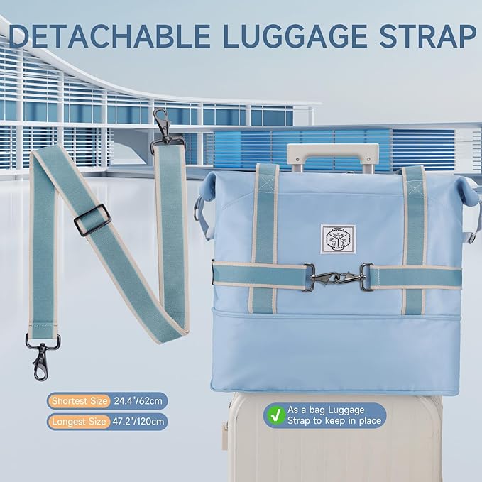WALNEW Travel Duffel Bag, Weekender Overnight Carry On Bag for Women Men, Foldable Waterproof Gym Luggage with Metal Buckle Detachable Shoulder Strap and Wet Compartment (Light Blue)