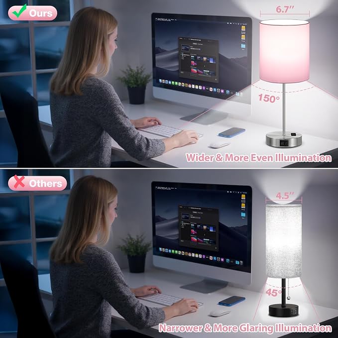 17.6" Pink Touch Lamps for Bedroom Set of 2 - Dimmable, USB C+A, AC Outlet | Large 17.6" Tall Lamp, 3-Way Dimming, 5000K Daylight Bulbs, Pink Lampshade Silver Base, Decor for Living Room, Boys, Girls