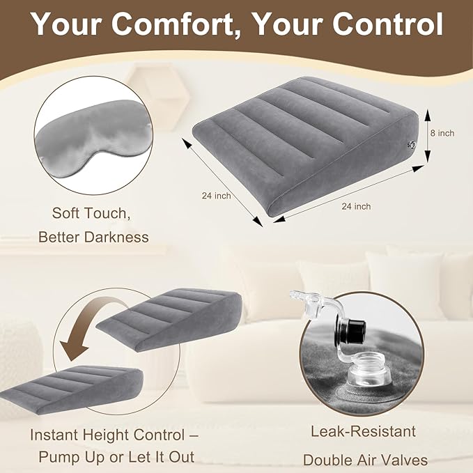 TheClover Inflatable Travel Wedge Pillow for Sleeping- Portable Bed Wedge with Eye Mask,Portable Neck & Back Support for Side Sleepers, Adjustable Air Cushion for Airplane, Car, Office (Grey)