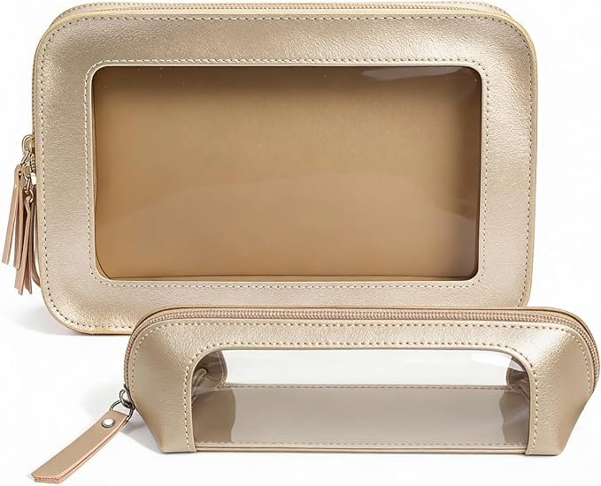 LETGO 2Pack Clear Makeup Bags, Makeup Pouch for Purse Slim Make Up Brush Bag for Girls Car Accessories Essentials for Women(2Pack-Gold Set)
