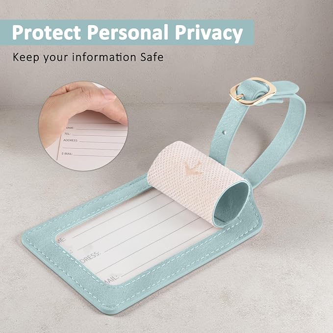 1 Pack Luggage Tag, PU Leather Suitcase Tags Identifiers Privacy Cover ID Label for Travel Bag Suitcase with 2 Pack Luggage Straps for Hats, Bags and Travel Accessories(L-Light Blue)