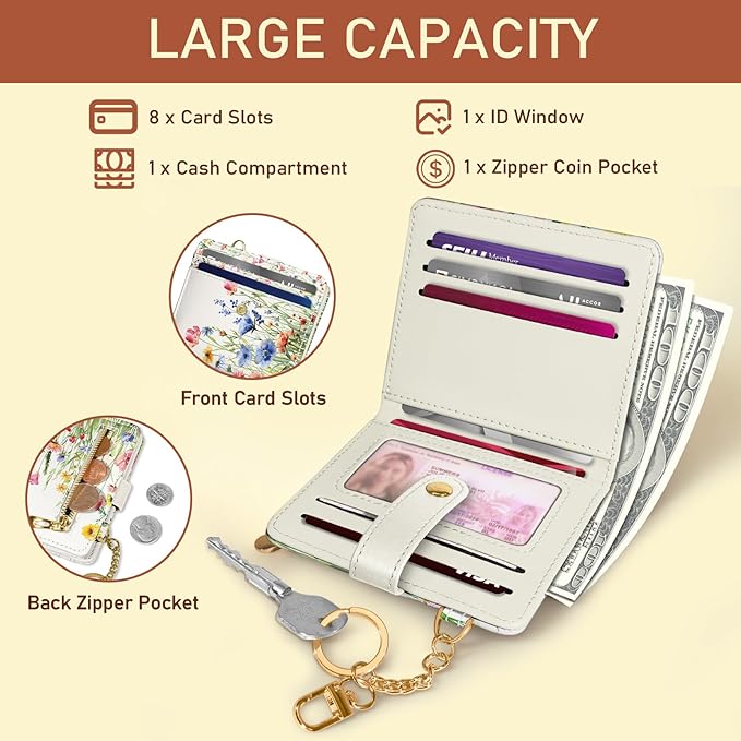 Jogjam Floral Flowers Rfid Ladies Wallet, Small Slim Thin Compact Credit Card Women Wallet, PU Leather Bifold Cash Zipper Coin Pocket ID Window for Female