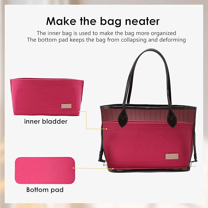 Purse Organizer Insert with Base Shaper Compatible with neverfull MM, Speedy 30 and More,Bag Organizer Insert for Luxury Tote Bags,L/Rose