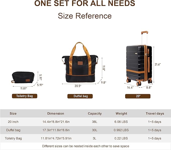 3-Piece 20 Inch Carry On Luggage Set, Lightweight PC+ABS Hardshell Suitcase with TSA Lock, 360° Spinner Wheels for Business Travel Family Vacation Airline Approved Checked Baggage, Black