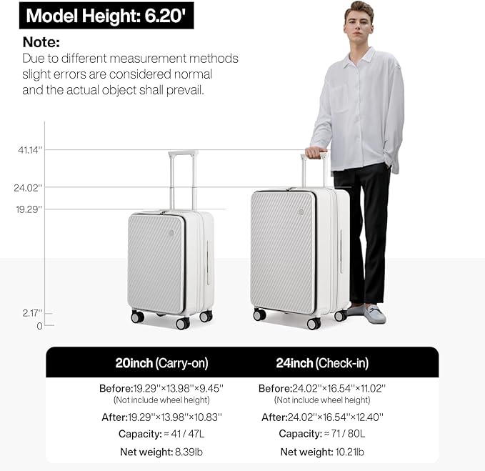 mixi 24 Inch Large Expandable Checked Luggage PC Hard Shell Suitcase Top Opening Rolling Travel Suitcases with Spinner Wheels & TSA Lock, Smoke White