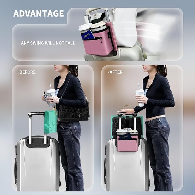 Travel Luggage Cup Holder, Liveagain Drink Caddy, Luggage Cup Holder Attachment, Free Hand Suitcase Drink Carrier for Drinks Beverages, Coffee, Bottles, Snack (Pink)
