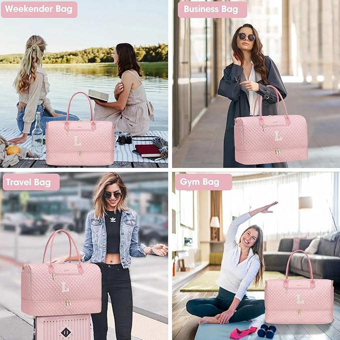 Letter Weekender Bags for Womens - Duffle Bag with Shoe Compartment Personalized Overnight Bag with Toiletry Bag Duffel Bags for Gym Hospital Bags Gift for Women Pink (Letter L)