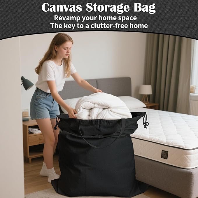 Canvas Laundry Bag 40"W x 35"H, Thick Canvas Laundry Bag with Handles & Drawstring, Extra Large Heavy Duty Washable Storage Sack (XXL, Black)