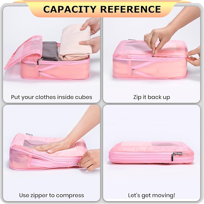 4 Set Ultralight Compression Packing Cubes Travel for Suitcases ，Compressible Mesh Packing Cubes for Travel Women Packing Organizers (Pink)