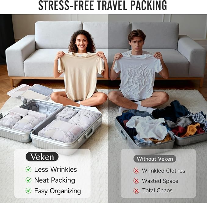 Veken 8 Set Packing Cubes for Travel Essentials, Suitcase Organizer Bags in 4 Sizes, Carry-On Luggage Accessories with Large Laundry & Hanging Toiletry Bag, Must-Have for Airplane, Road Trip & Camping