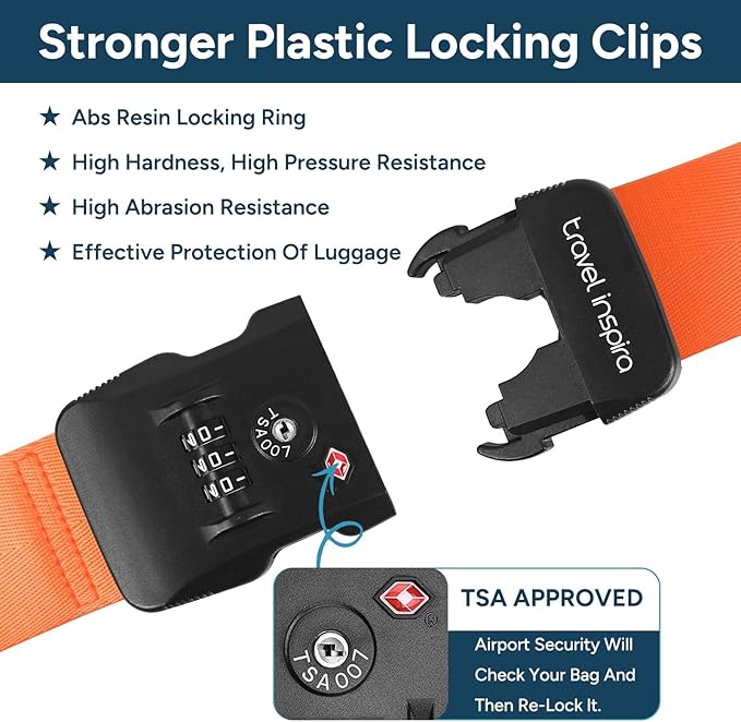 Travel Inspira Luggage Straps with TSA Lock, TSA Approved Suitcase Belt, Heavy Duty Adjustable Cross Design for Added Security, High-Visibility Orange Travel Accessory with ID Tag for 20-32" Bag