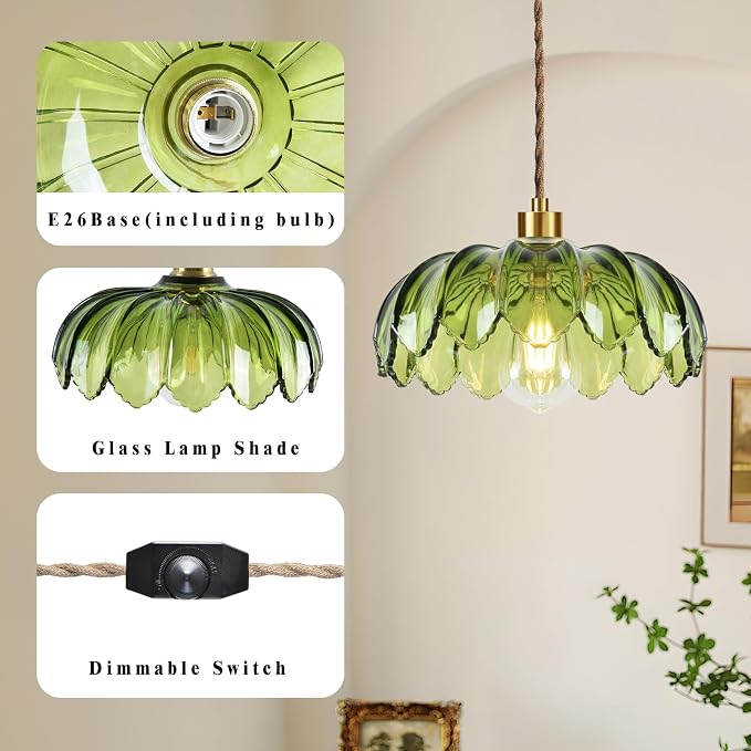 QIYIZM Plug in Pendant Light Hanging Lights with Plug in Cord Boho Hanging Lamp Glass Gold Mid Century Modern Vintage Dimmable Green Flower Plug in Chandelier Ceiling Fixture for Living Room,Kitchen