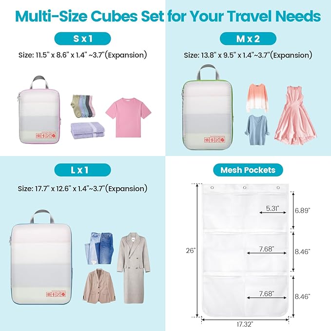 Cambond Compression Packing Cubes for Travel - Lightweight Expandable Travel Bags Luggage Organizers Travel Essentials Compression Cubes for Travel Space Saver for Carry on Suitcases Organizer