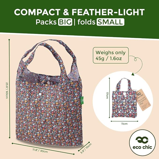 ECO CHIC Foldable Reusable Grocery Bags - Lightweight, Recycled & Reusable Shopping Bag - Waterproof Packable Tote