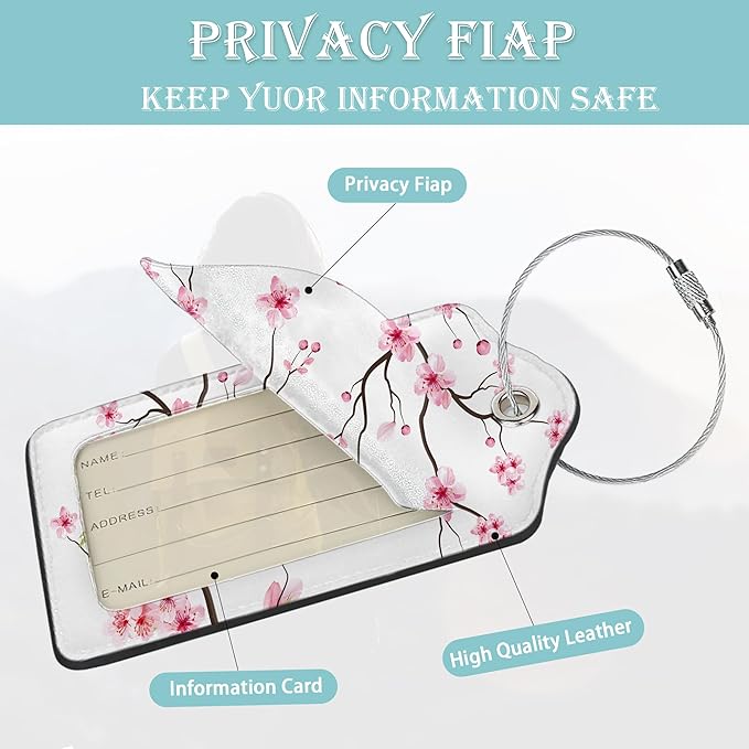 Luggage Tags for Suitcase,2 Pack Japanese Cherry Blossom Tree Luggage Tag PU Leather Privacy Cover ID Label with Stainless Steel Loop for Women Men Teens Travel