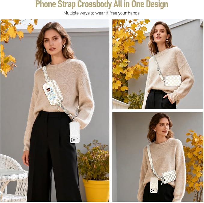 Tiostep Clip and Go Strap for Phone with Wallet Crossbody Phone Lanyard and Detachable Checkered Bag with ID Window and RFID Pouch for Daily Travel.