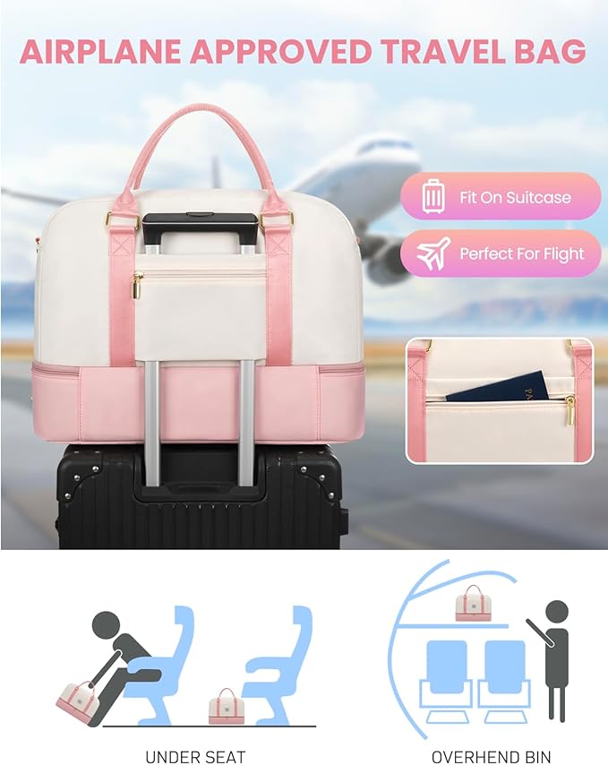 Weekender Travel Duffle Bag for Women: Overnight Bags with Shoe Compartment Carry on Bags for Airplanes with Toiletry Bag Yoga Gym Bag with Wet Pocket Travel Duffel Tote Bag Hospital Bag Pink Beige