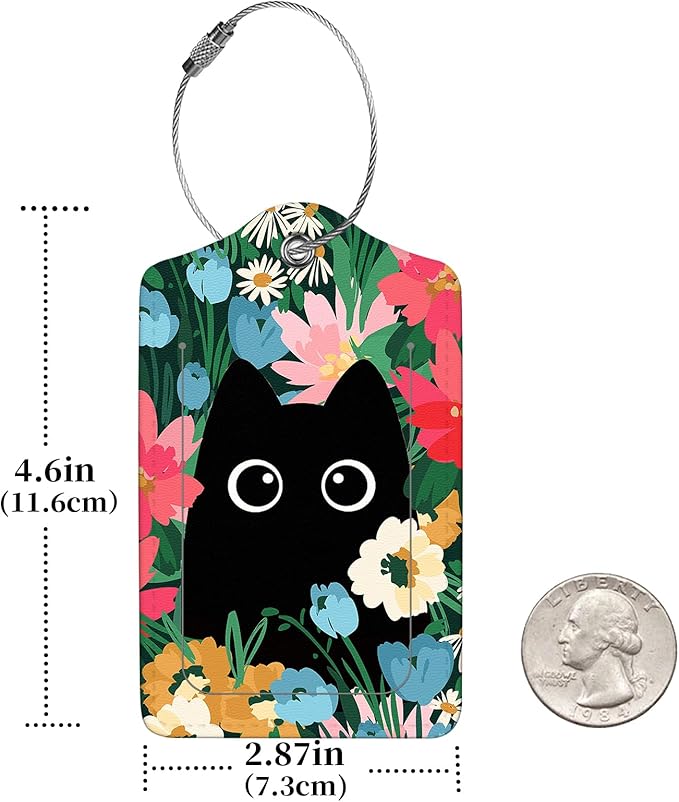2 Pcs Luggage Tags for Suitcase, Cute Unique PU Leather Travel Bag Tag with Privacy Cover ID Label Address Card and Durable Metal Ring Suitable for Men Women Children Backpack,Flower and Black Cat