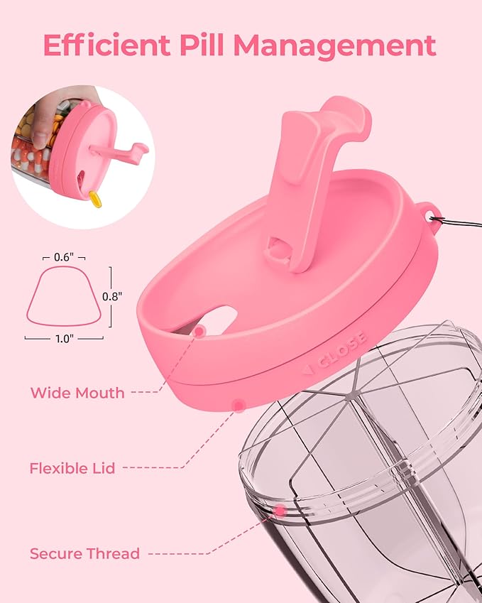 Cute Pill Dispenser with 7 Large Compartments, Portable Pill Bottle Organizer with Wide Opening for Easy Use, Anti-Mix Pill Organizer for Travel, BPA-Free Pill Container, Hot Pink