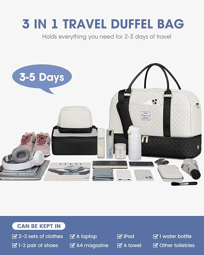 Weekender Travel Duffle Bag for Women: Overnight Bags with Shoe Compartment Carry on duffel Bag for Airplanes with 2 PCS Toiletry Weekend Yoga Gym Hospital Bag with Wet Pocket Black Beige