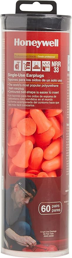 Honeywell Safety Products Pre-Shaped Foam Earplugs, 60 Pair Tube (RWS-53008)