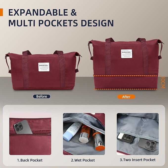 SHOWKOO Luggage Sets with Duffle Bag Expandable 100% PC Durable Suitcase Double Wheels TSA Lock 5pcs Wine Red