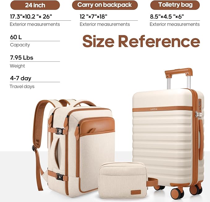 UKEIN Luggage Sets 3 Piece, PC Hardside Large Luggage 24Inch With Spinner Wheels with TSA Lock, Carry On Suitcase Set With Travel Backpack for Men (Beige, 3 piece set (24inch))