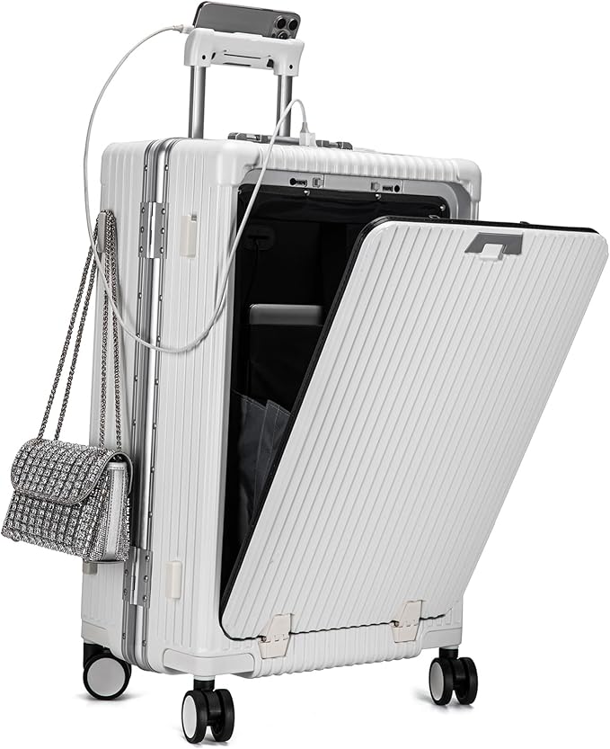 feilario Aluminium Frame PC Hard Shell Spinner Wheels Luggage,22.5"X15"X9.5" Airline Approved Built-In TSA lock Carry on Suitcase, with Cup Holder, USB Port, Phone Holder