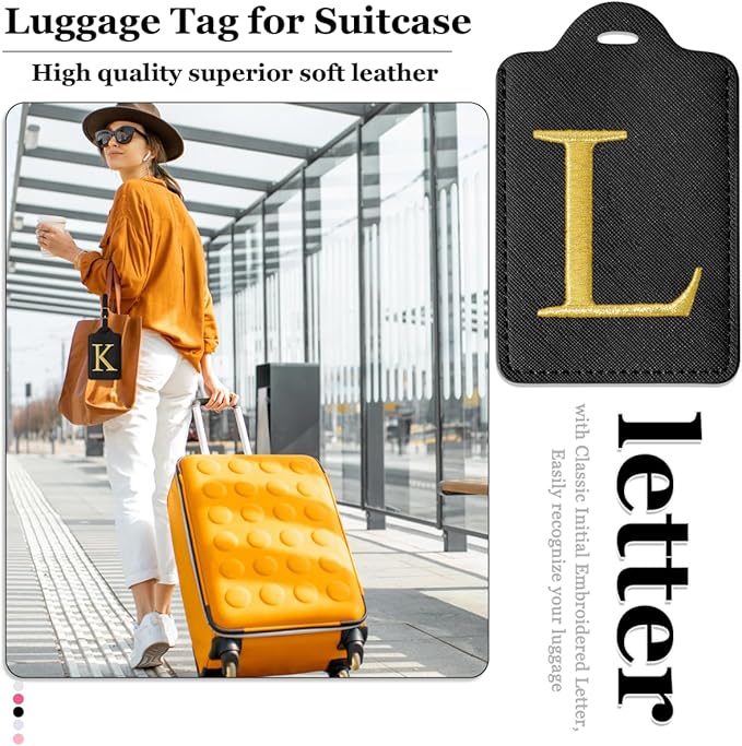 Personalized Initial Luggage Tags for Suitcases,Leather Letter Cute Luggage Tags with Privacy Name Card,Embroidered Monogrammed Travel Bag Backpack Tag Gifts for Women Kids Girls Teens(Black-L)