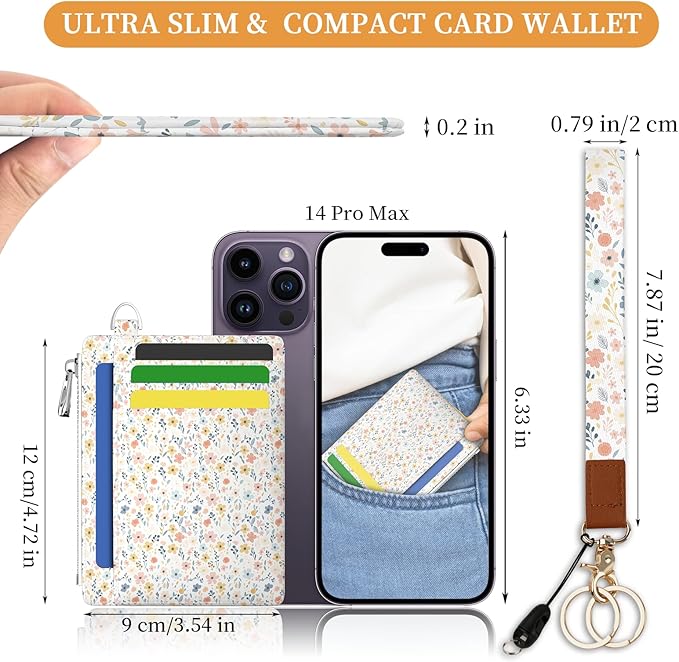 Hancynir Florals Slim Wallet Women Credit Card Holder, RFID Blocking Front Pocket Wallet Wristlet Keychain Lanyard, Small Cute Mini Card Case, Thin Travel Zipper Coin PU Leather Ladies Female Gifts