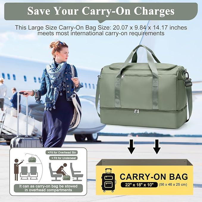 Large Travel Duffle Bag,Carry on Overnight Weekend Bag with Shoes Compartment,Weekender Bags for Women for Travel Business Trips Sport Hospital,Olive Green