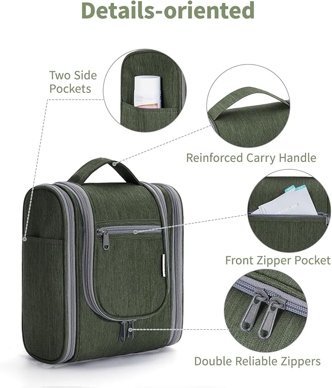Narwey Small Hanging Travel Toiletry Bag Cosmetic Make up Organizer for Women and Men (Medium, Army Green)