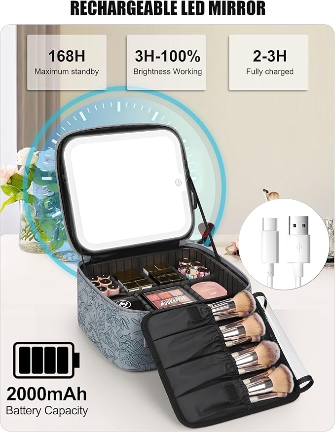 Relavel Travel Makeup Bag With LED Mirror for Women, Cosmetic Organizer Bag with Adjustable Brightness in 3 Color Scenarios, Detachable Dividers, Waterproof Train Case for Daily - Dark Blue FLowers