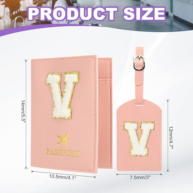 PATIKIL Passport Holder for Travel, Initial Passport Cover and Luggage Tag Set with Alphabet Chenille Letter Patch Travel Wallet Bag Suitcase Identifier for Women Family Travel Pink V