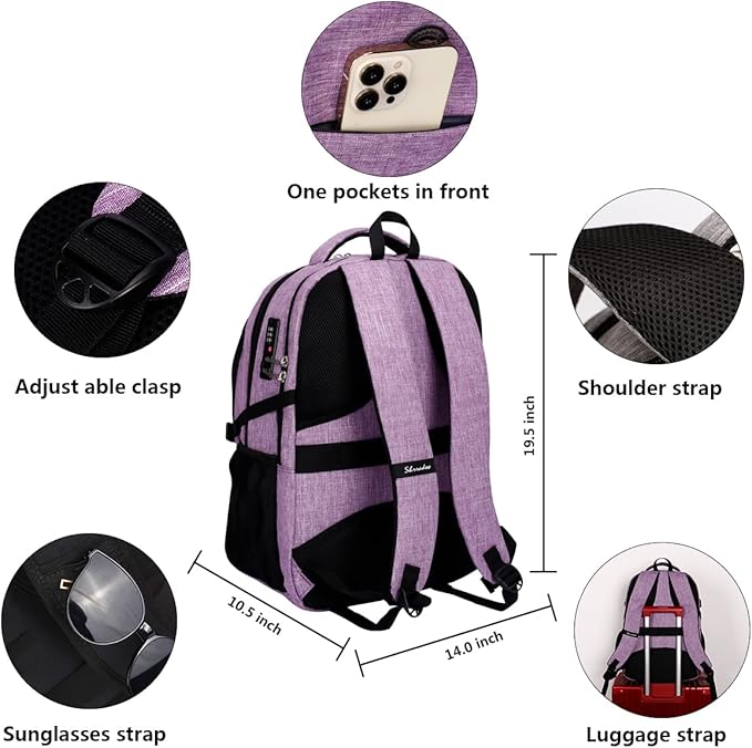SHRRADOO Anti Theft Laptop Backpack Travel Backpacks with Combination Lock for Women Men High School College Backpack Computer Bag Fits 17 Inch Laptop,Purple | Travel Backpacks, usb Charging Port, College Backpack, Computer Bag