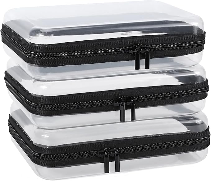 3 Pack Clear Hard Shell Zipper Case, Clear Zipper Pouches Waterproof Makeup Organizer & Travel Toiletry Bag, Plastic Pouch for Travel Office Storage, Black Medium Size