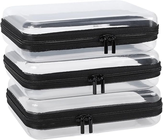 3 Pack Clear Hard Shell Zipper Case, Clear Zipper Pouches Waterproof Makeup Organizer & Travel Toiletry Bag, Plastic Pouch for Travel Office Storage, Black Medium Size