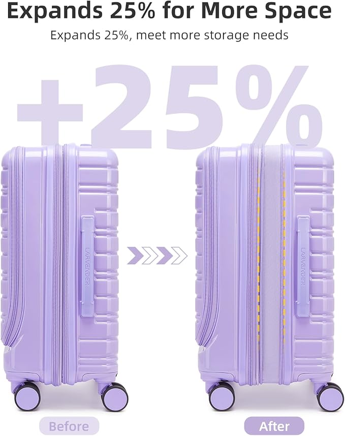 LARVENDER Carry On Luggage 22x14x9 Airline Approved, 20 Inch Expandable PC+ABS Hardside Carry On Luggage with Front Pocket Spinner Wheels TSA Lock for Women Men (Lavender)