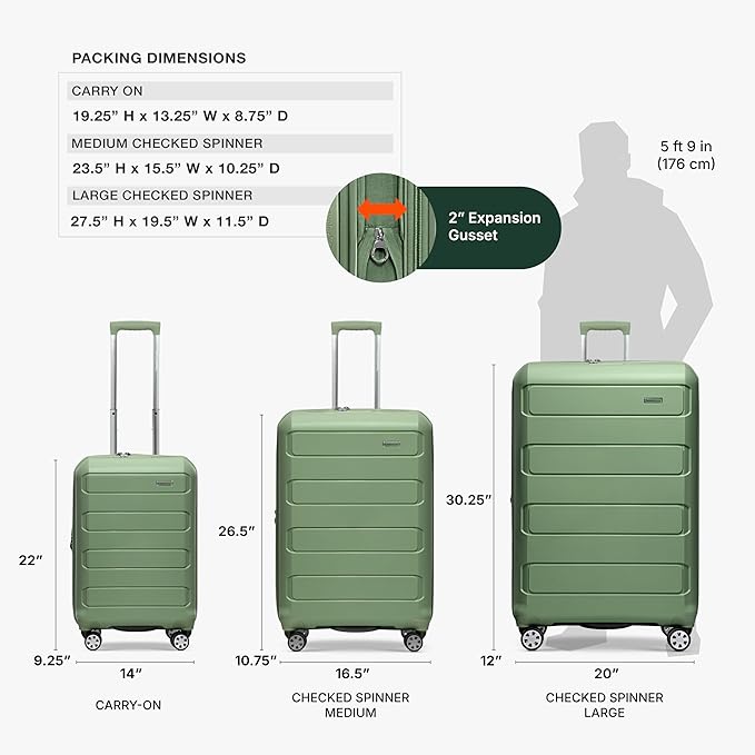 Traveler's Choice Pagosa Hardshell Expandable Luggage with Spinner Wheels, Green, 3-Piece Set (22/26/30)